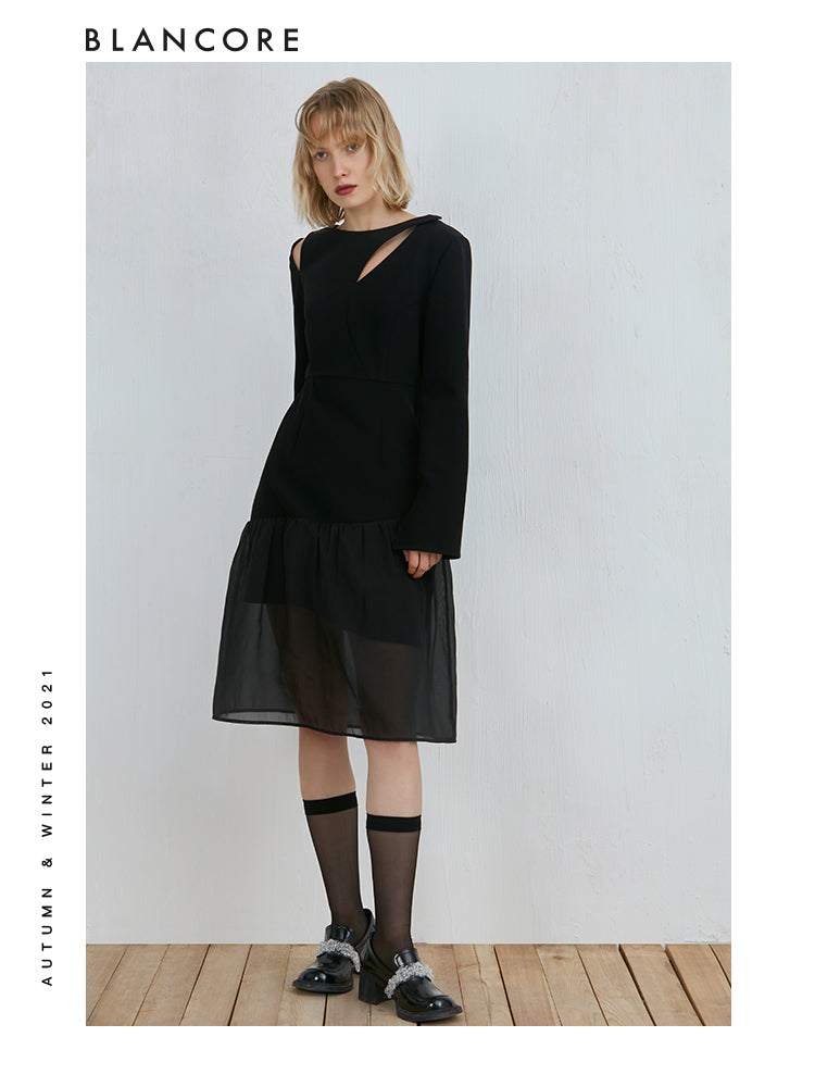 Mesh-Panelled Long Sleeve Dress With Asymmetrical Bottom