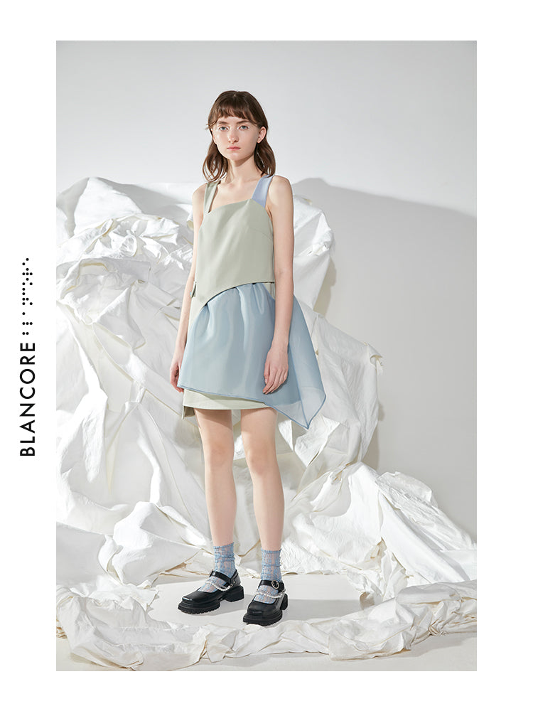 COLOR BLOCK MESH PANELLED STRAP DRESS
