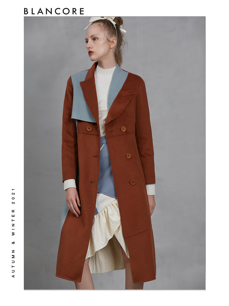 Coral Red And Blue Slim Long Wool Coat