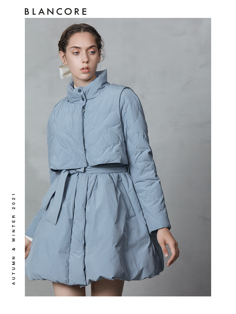 Layered Down Coat With Waist Detail