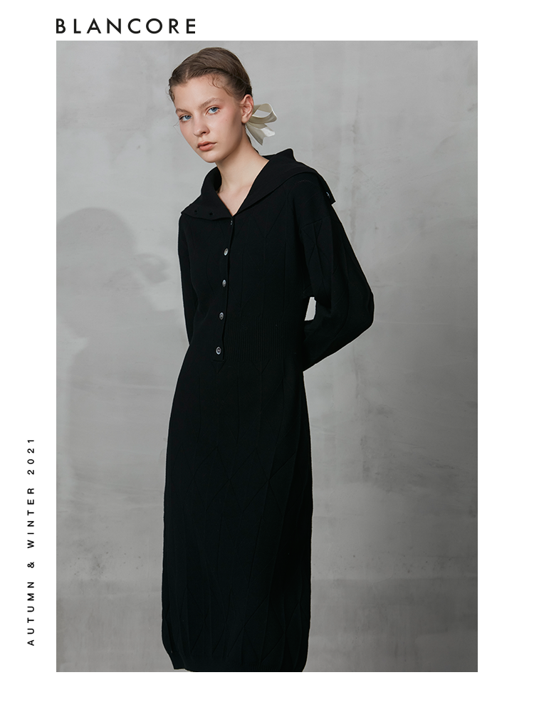 Lapel Slim Waist Knit Dress