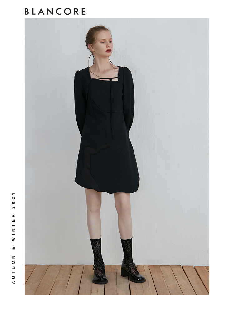 Curve Panelled Long Sleeve Black Dress With Tie Detail