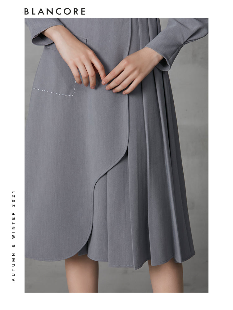 Asymmetrical Pleated Dress With  Curvy Notched Collar