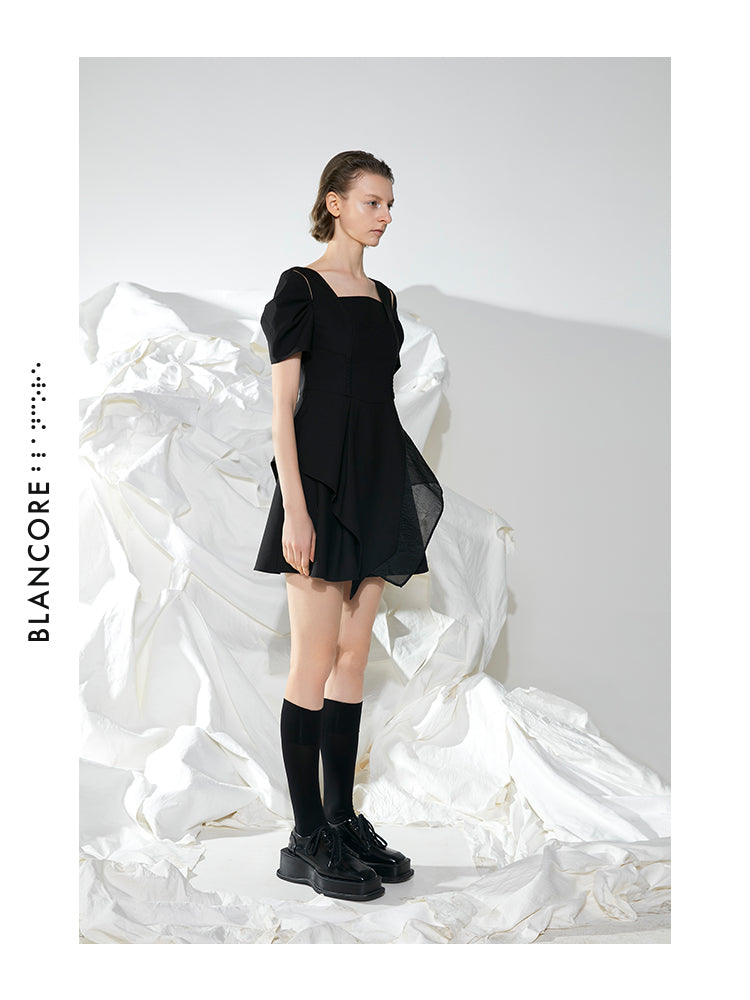 SQUARE COLLAR WAISTED A-SHAPE DRESS
