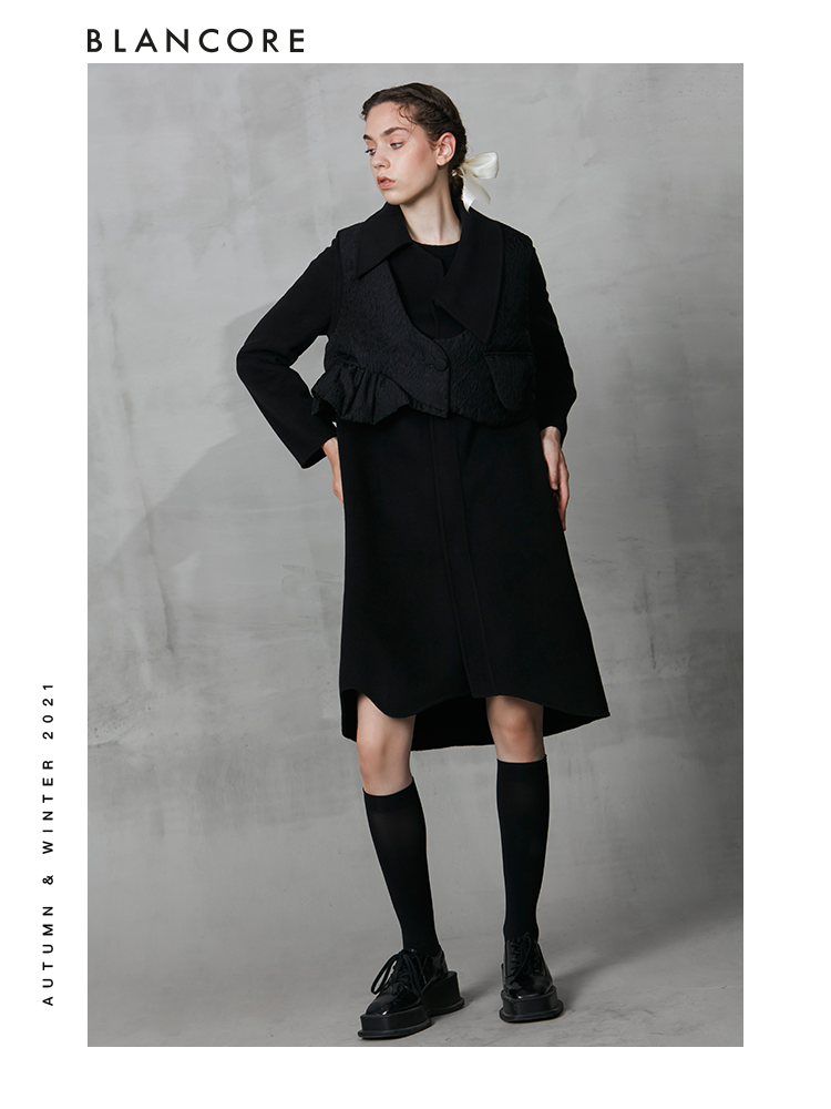 Deconstructed Wool Coat With Detachable Ruffle Vest