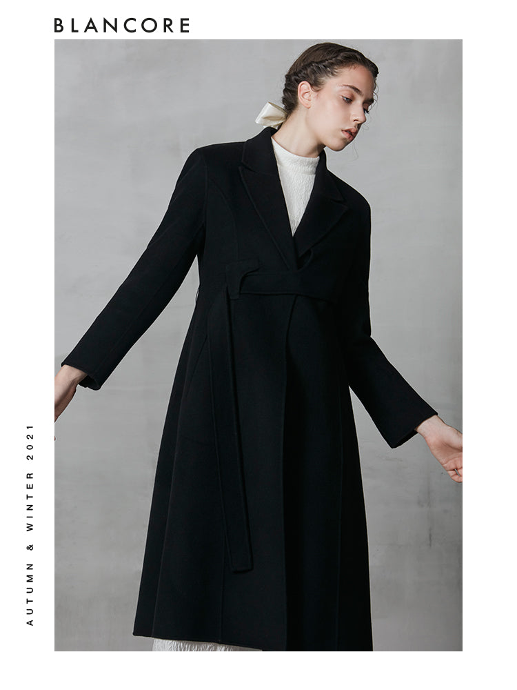 Black Shoulder Pad Coat With Obi Belt