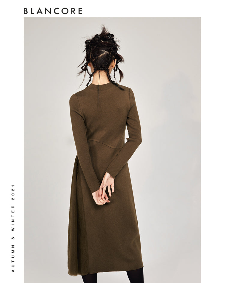 Curved Split Wool & Knit Dress