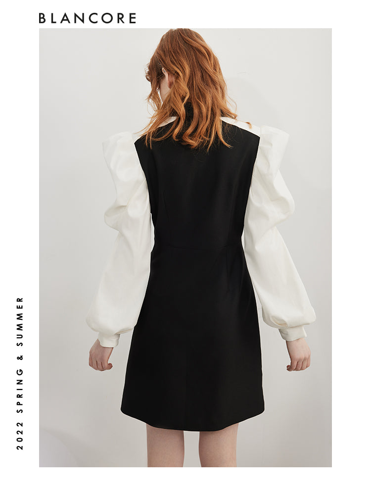Black And White Blazer Dress With Puff Sleeves Detail