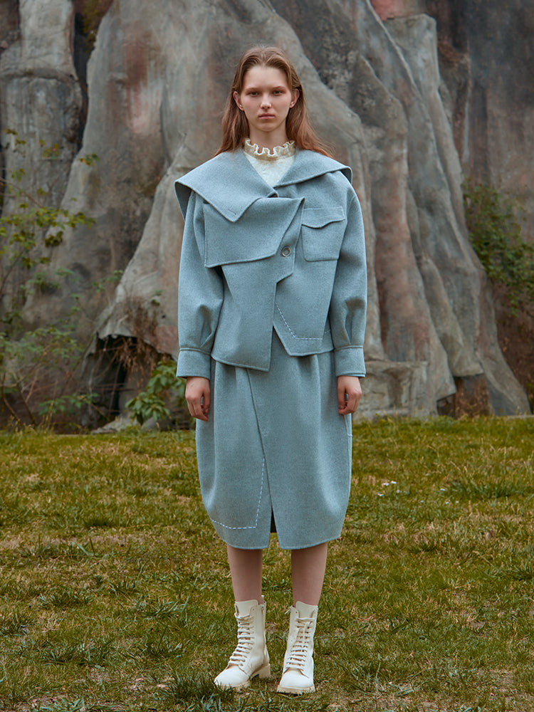 DECONSTRUCTED ASYMMETRICAL HOODED WOOL COAT