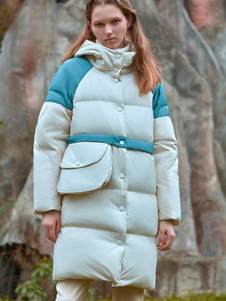 COLOR BLCOK PUFFER JACKET WITH DETCHABLE BELT BAG