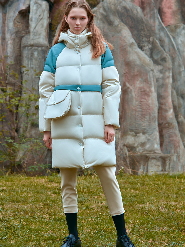 COLOR BLCOK PUFFER JACKET WITH DETCHABLE BELT BAG