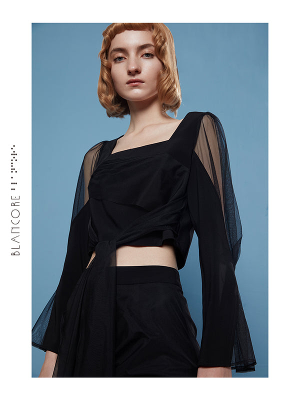 MESH PANELLED SQUARE COLLAR TOP