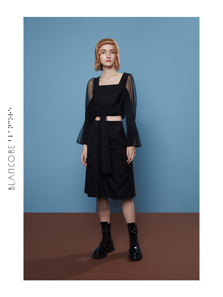MESH PANELLED SQUARE COLLAR TOP