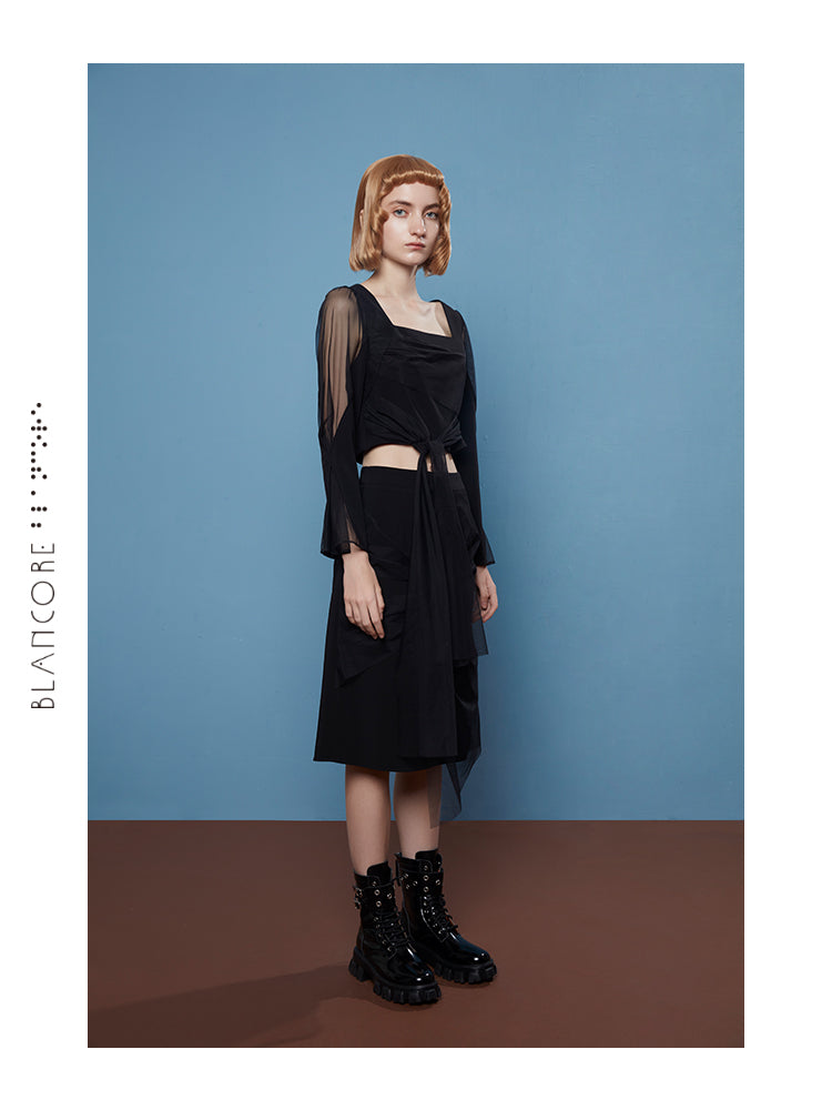 MESH PANELLED SQUARE COLLAR TOP