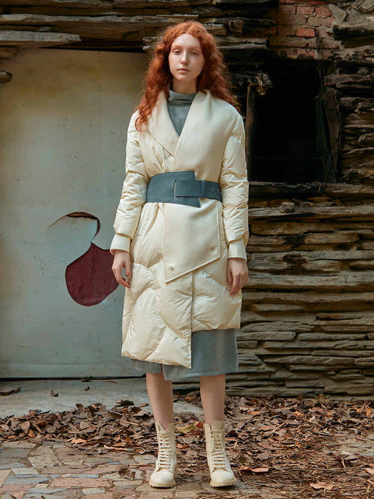 ASYMMETRIC PUFFER DOWN JACKET WITH BELT