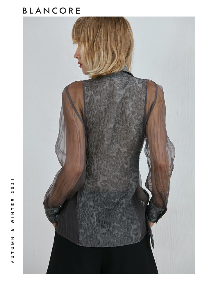 Mesh-panelled Long Sleeve Shirt With Blossom-print Detail
