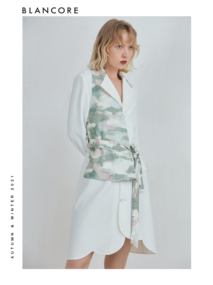 Tie-Front Asymmetrical Color Printed Blazer Dress