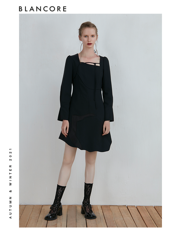 Curve Panelled Long Sleeve Black Dress With Tie Detail