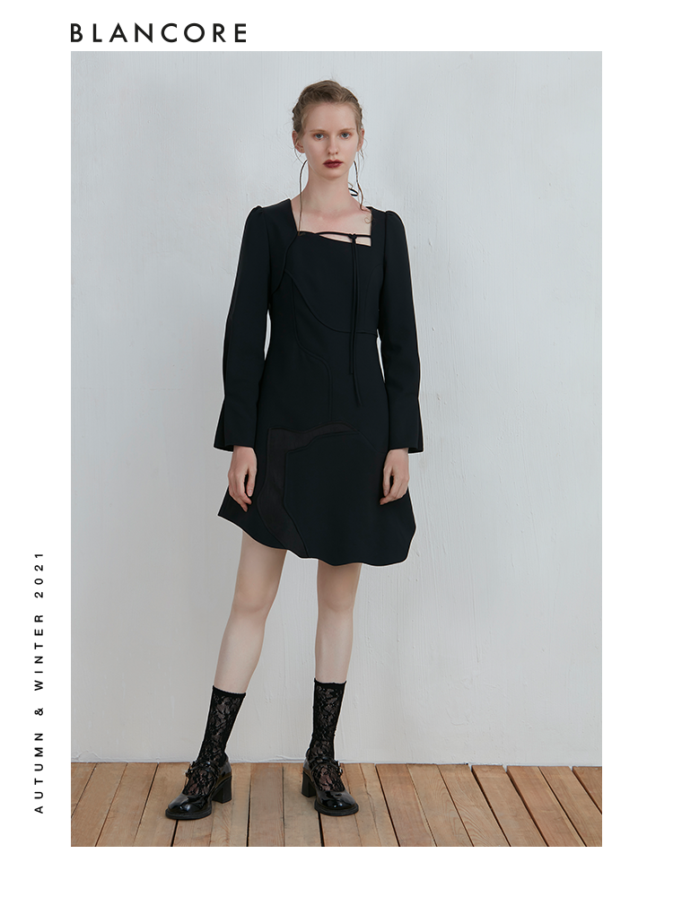 Curve Panelled Long Sleeve Black Dress With Tie Detail