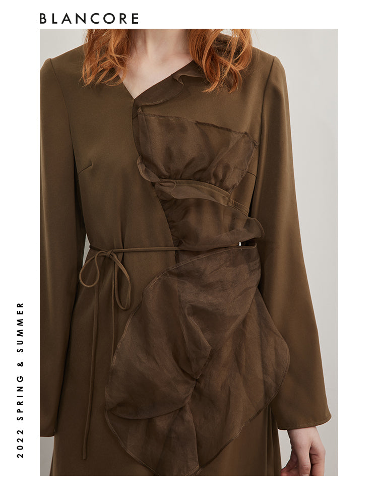 Mesh Paneled Long Sleeve Dress With Belt