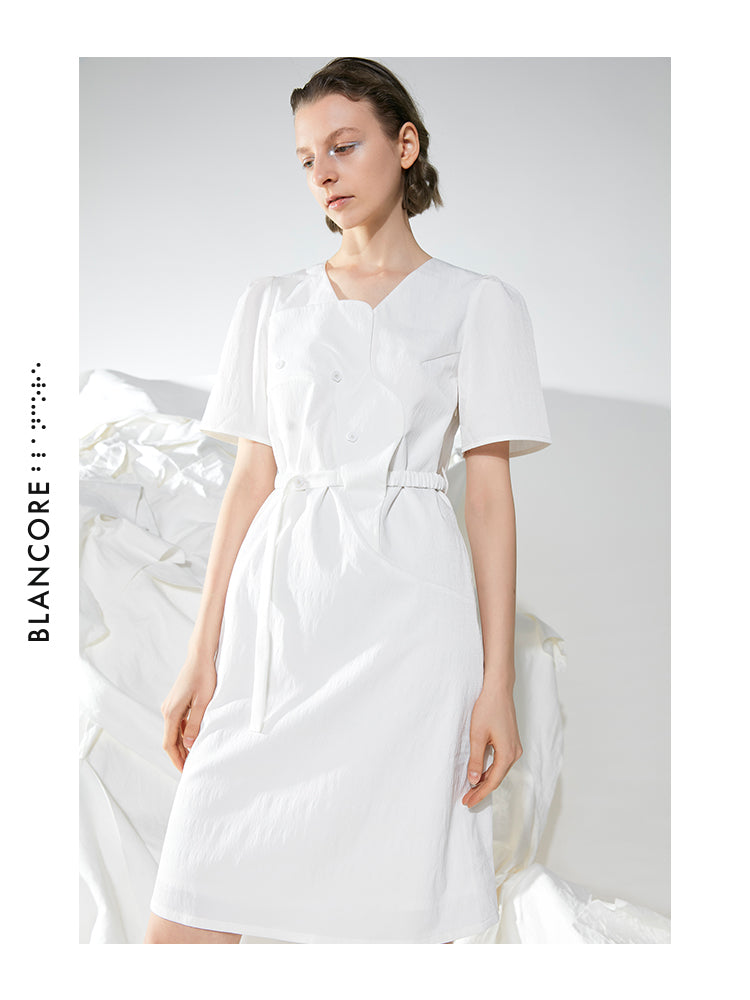 CURVED SPLICING DRESS WTIH PUFFY SLEEVES