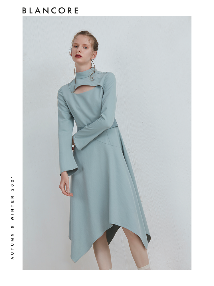 Asymmetrical Long Sleeve Dress With Hollow-Out And Belt Detail