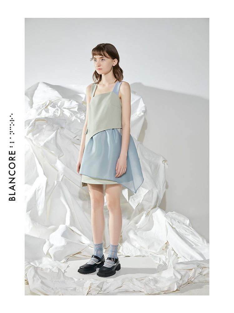 COLOR BLOCK MESH PANELLED STRAP DRESS