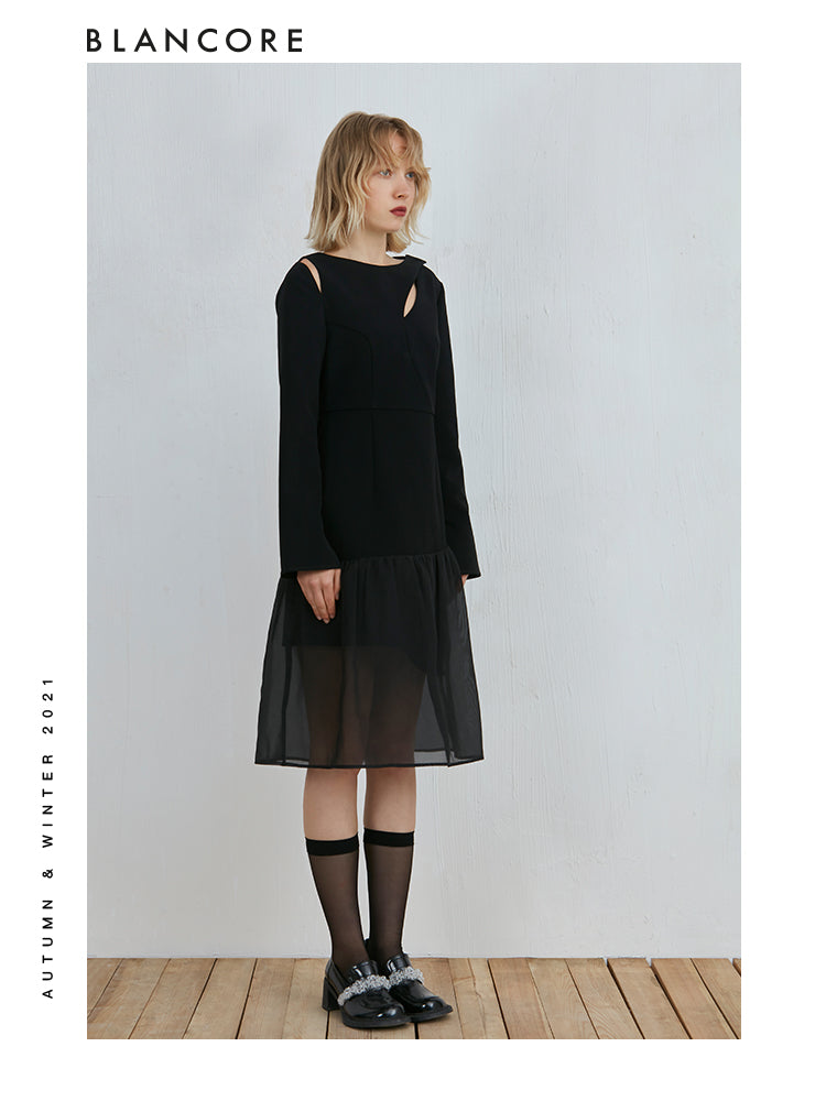 Mesh-Panelled Long Sleeve Dress With Asymmetrical Bottom
