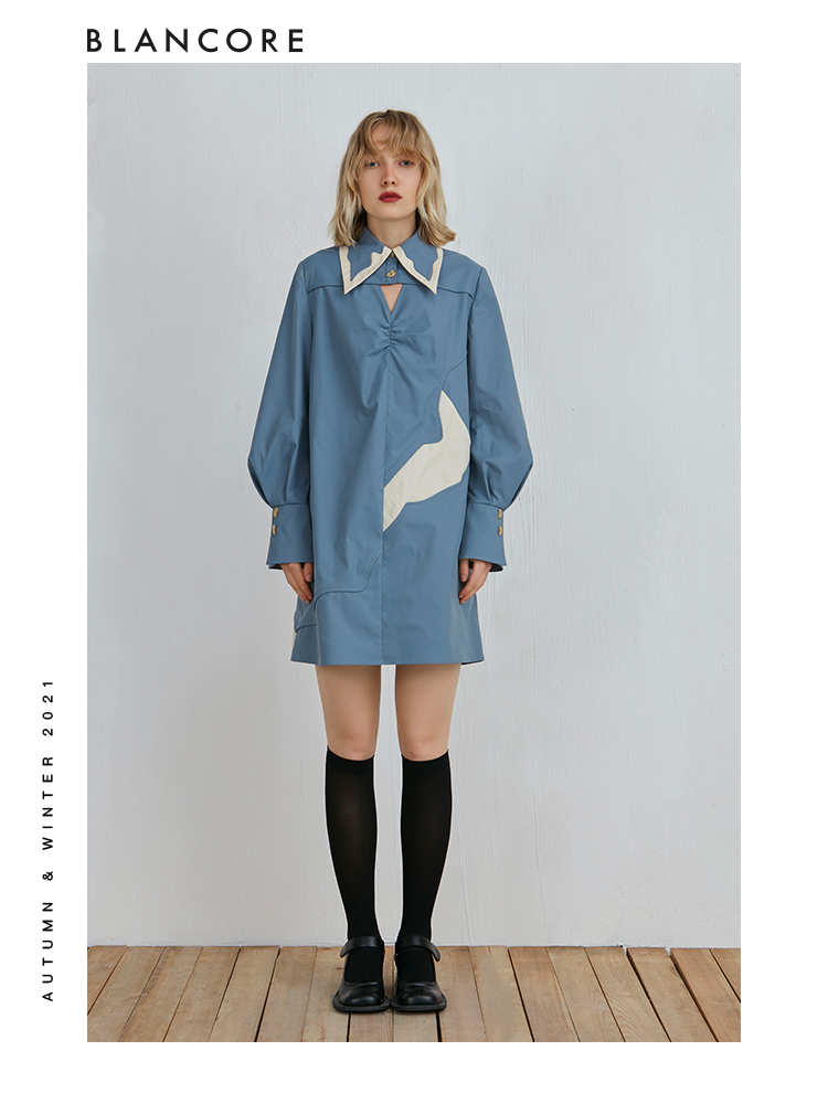 Color Block Shirt Dress With Hollow-Out Detail