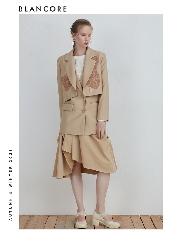 Detachable Khaki Jacquard Print Panelled Blazer