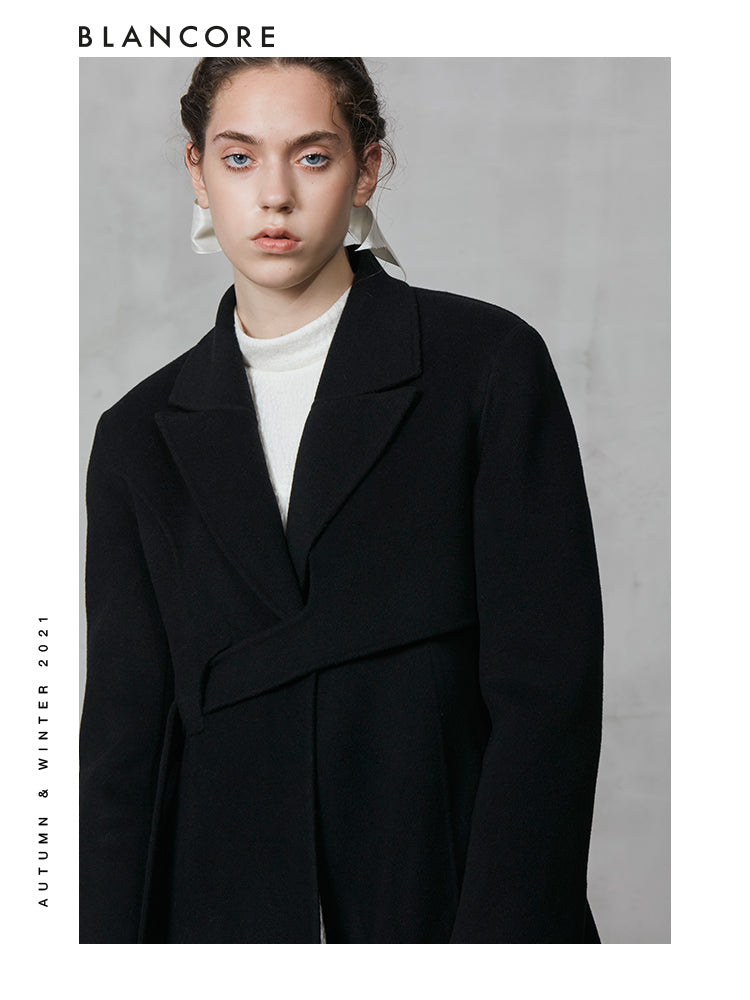 Black Shoulder Pad Coat With Obi Belt