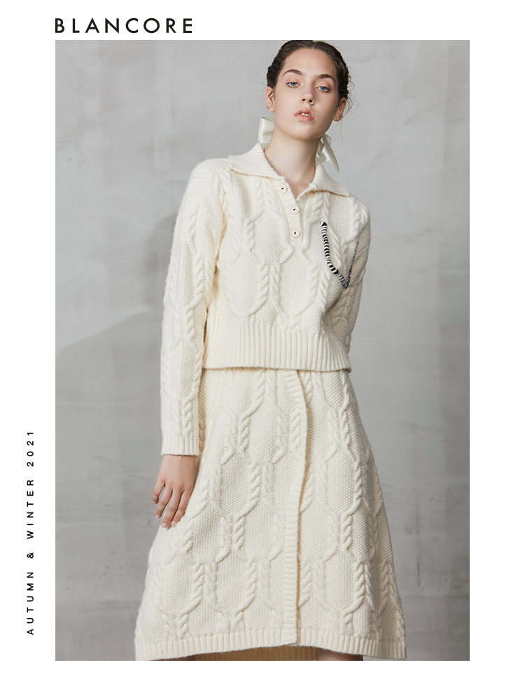 Off-White Knit Suit -Asymmetrical Polo Collar Top & Cocoon Skirt