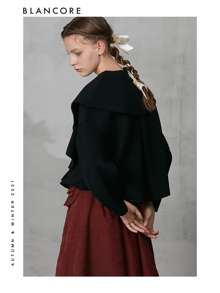 Asymmetrical Cropped Wool Coat With Ruffle Detail