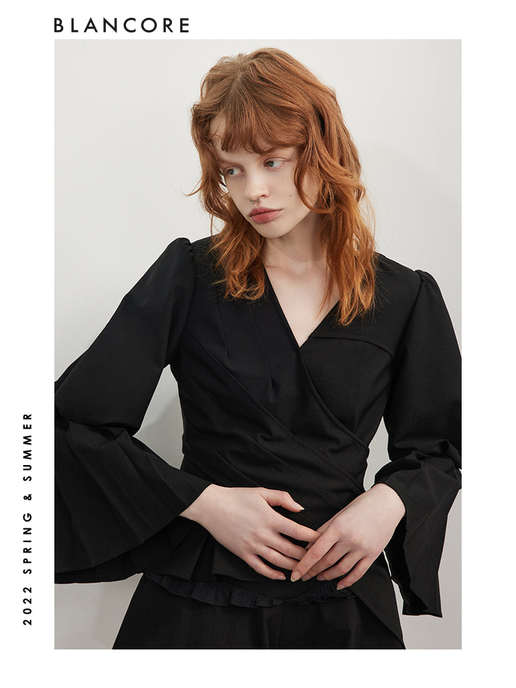Asymmetrical Wrapped Top With Puff Sleeves