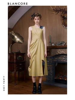Asymmetrical Dress With Color Block Shoulder Detail