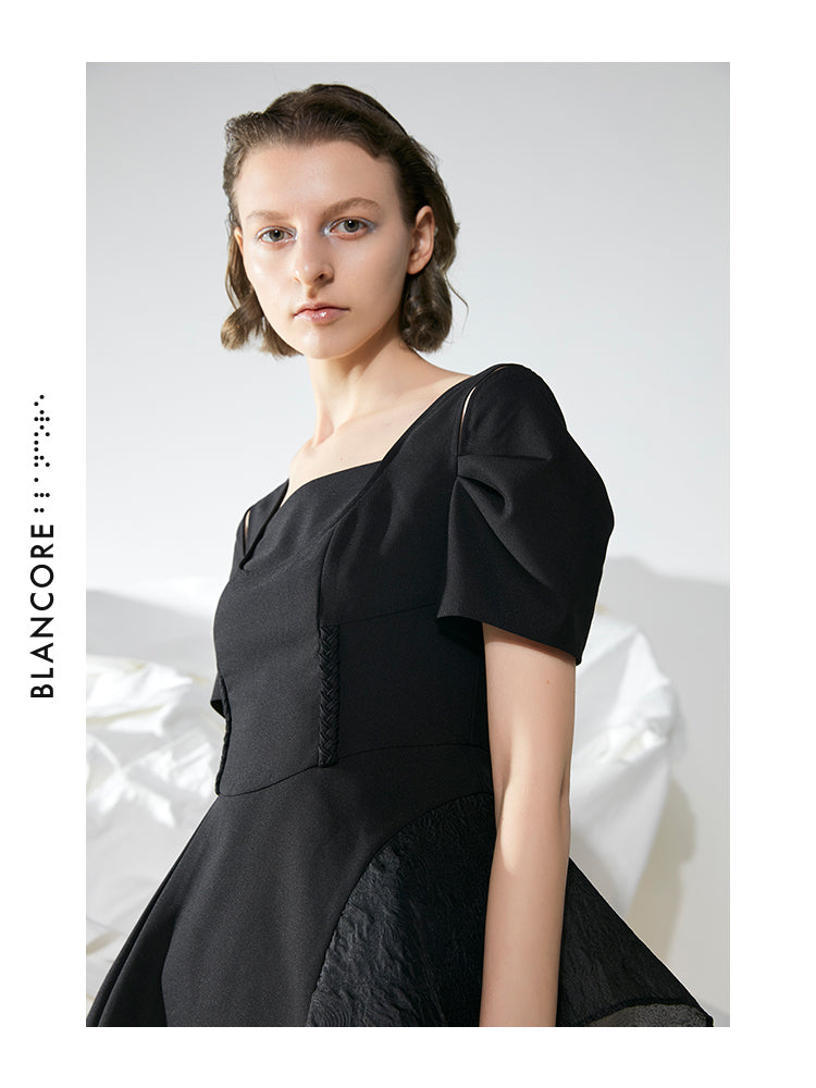 SQUARE COLLAR WAISTED A-SHAPE DRESS