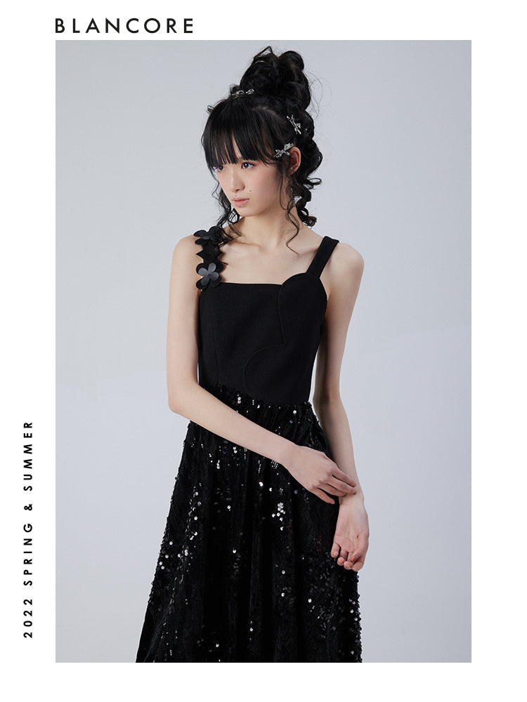 Black Slip Sequin Midi Dress