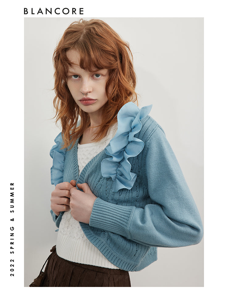 Asymmetrical Mesh Paneled Drawstring Cardigan