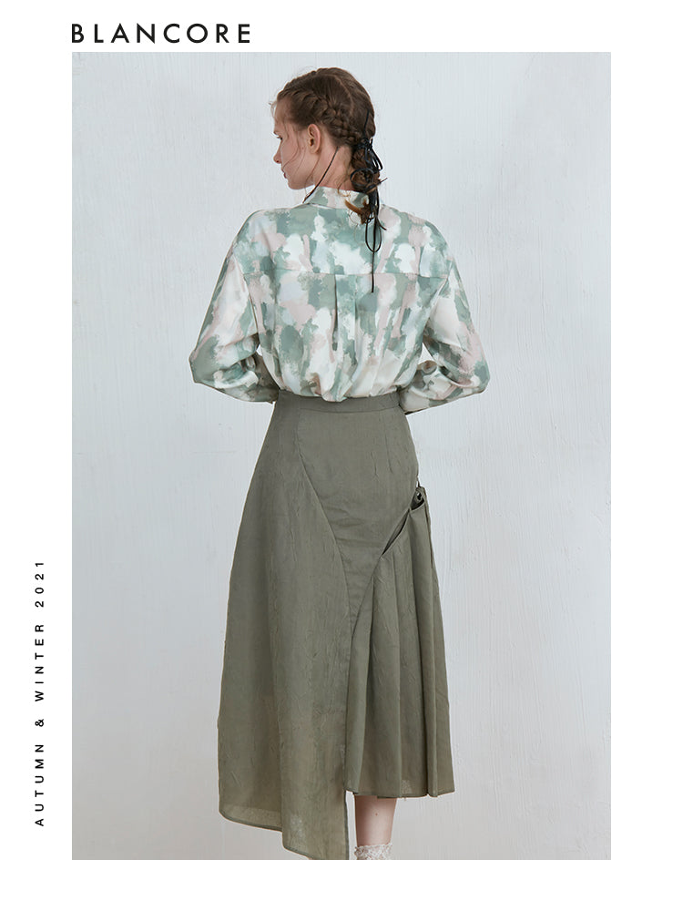 Color Printed Blouse With Curved Collar