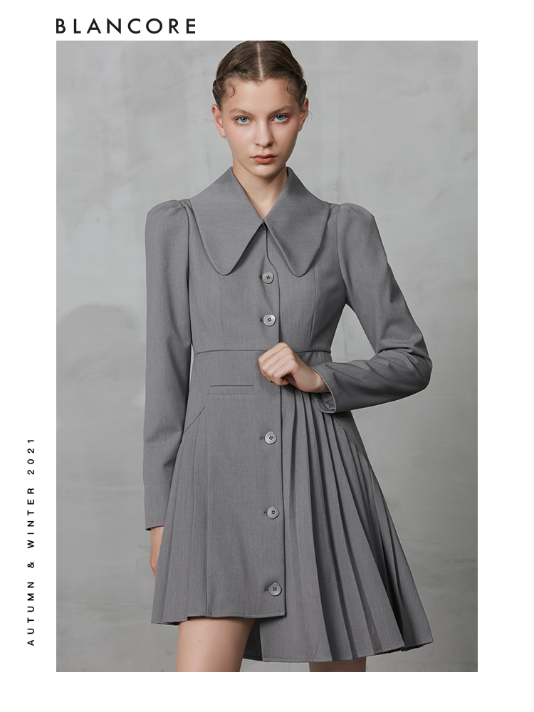 Asymmetrical Pleated Blazer Dress With Curved Collar