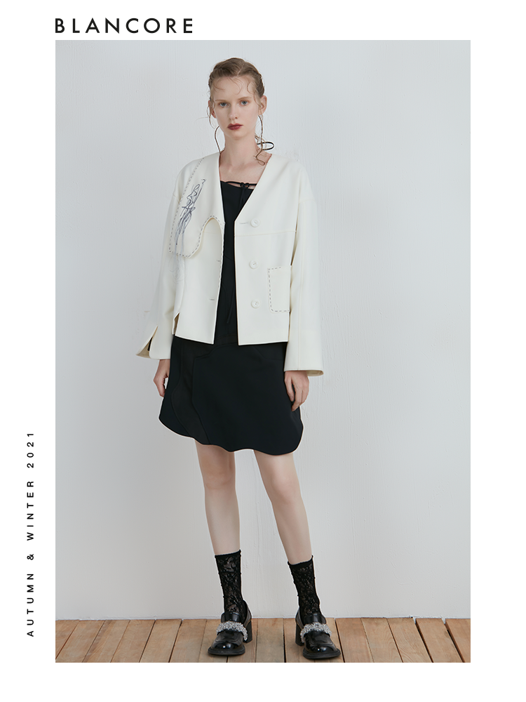 Asymmetrical Curve Panelled Jacket With Embroidered Detail