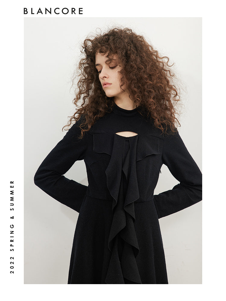 Hollow-Out Knit Dress With Ruffle Detail