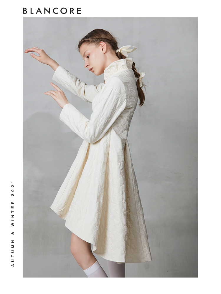 Standing Collar Cotton Dress With Embroidered Detail