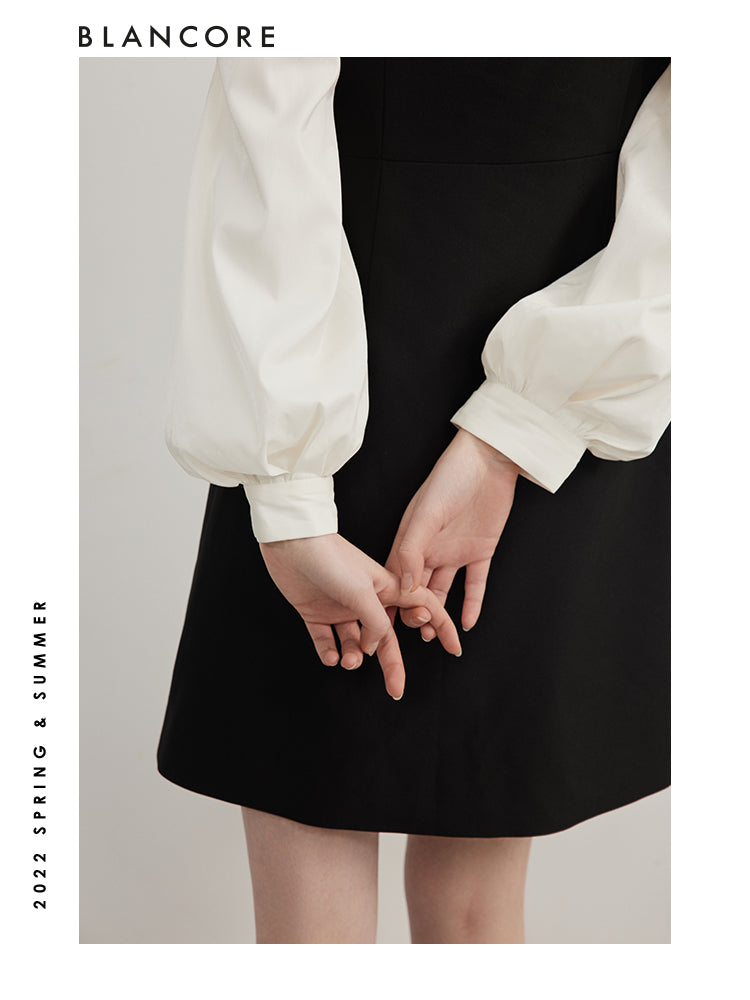 Black And White Blazer Dress With Puff Sleeves Detail