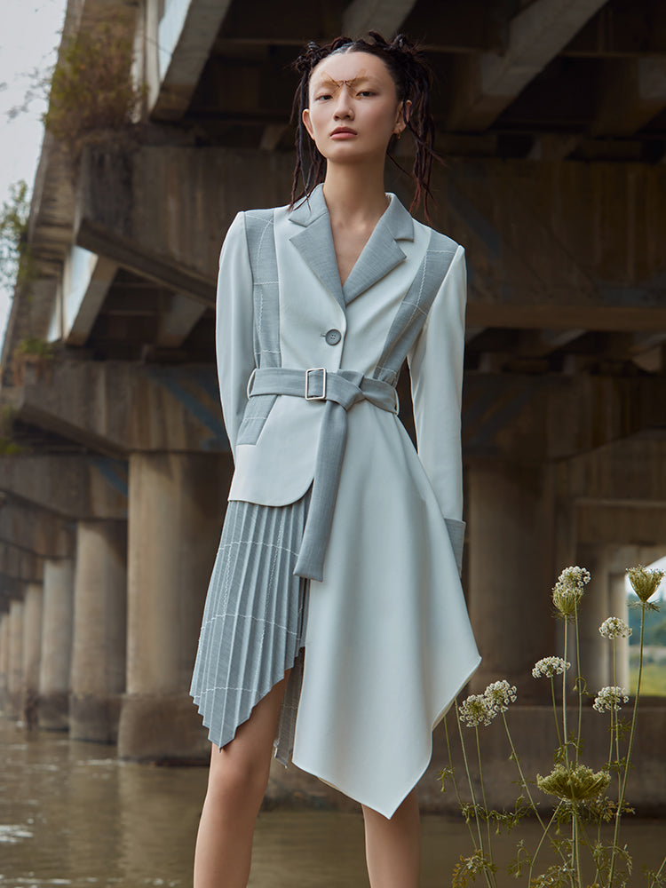 ASYMMETRICAL COLOR BLOCK BLAZER STYLE DRESS
