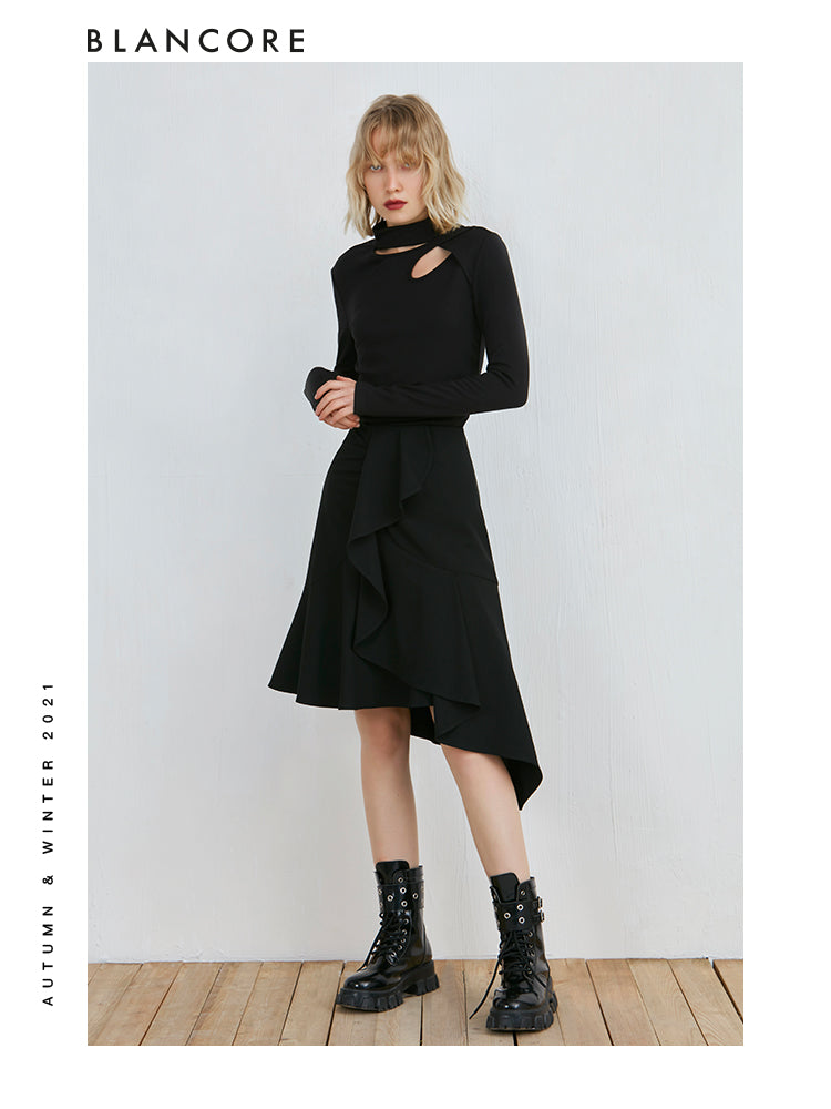 Black Slim Fit Asymmetrical Hollow-Out Top