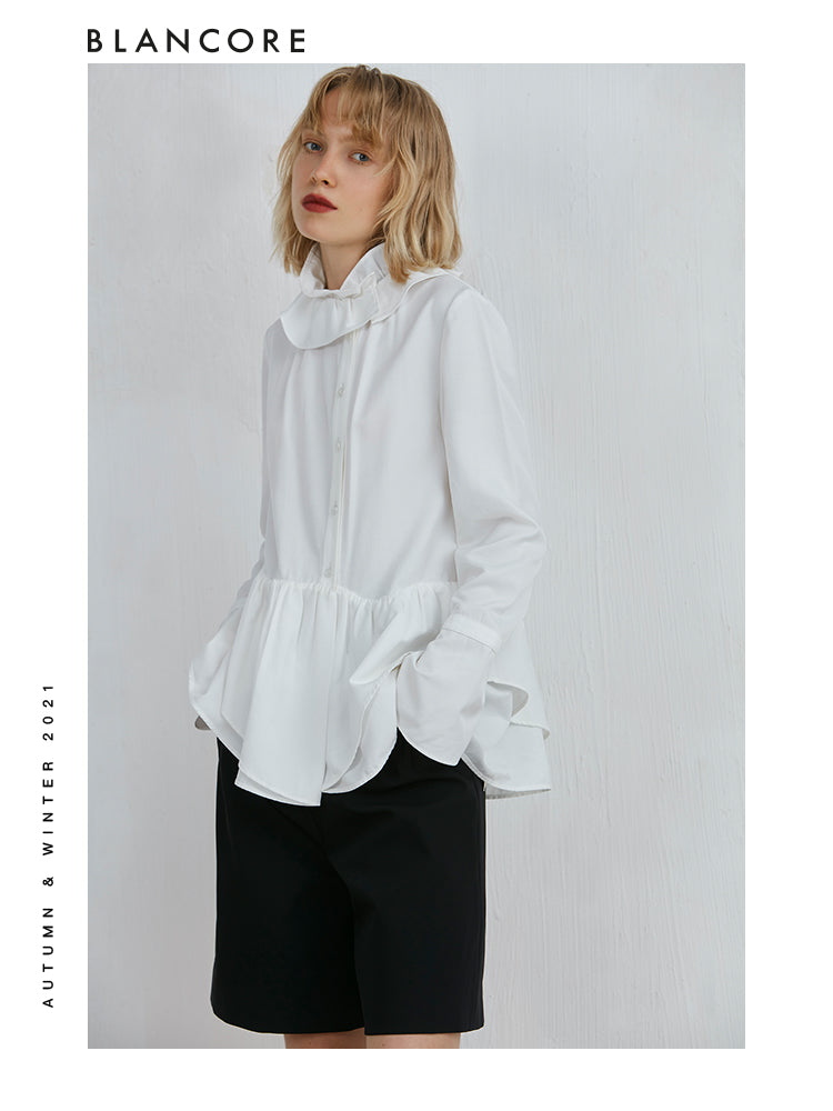 Standing Collar Shirt With Ruffle Detail