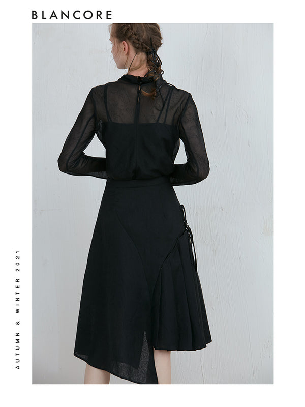 Asymmetrical Mesh Pleated Skirt