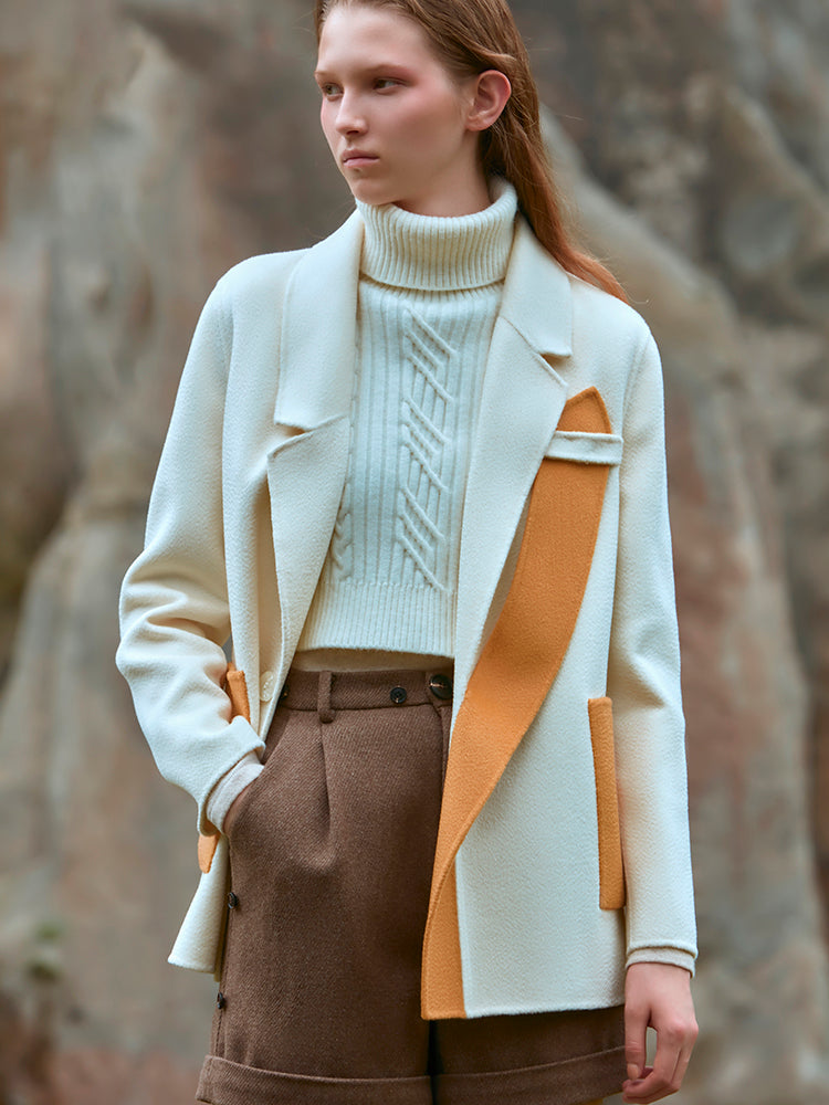 COLOR BLCOK BLAZER STYLE WOOL COAT
