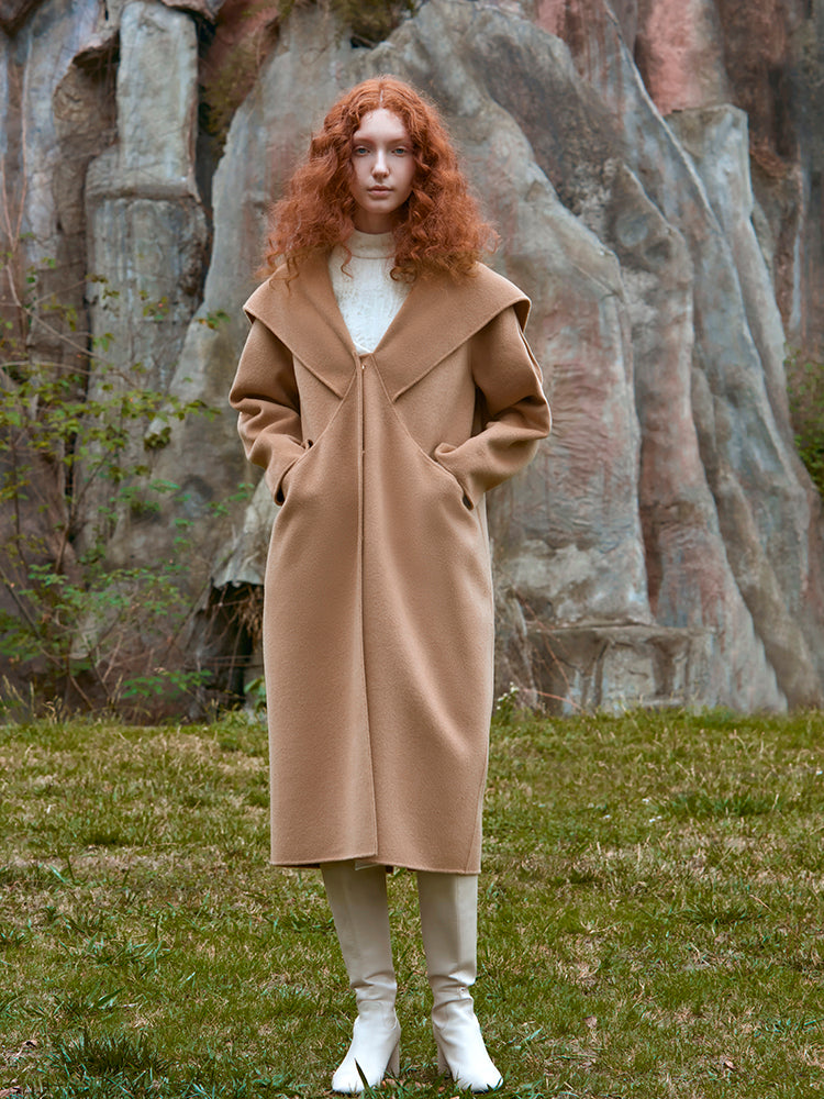 LAPEL HOODED WOOL COAT